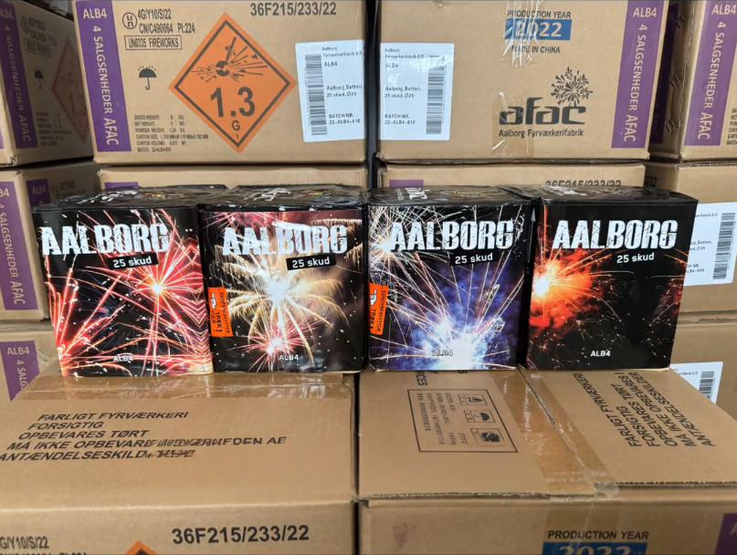 The box containing the fireworks is marked as 1.3G dangerous goods
